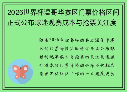 2026世界杯温哥华赛区门票价格区间正式公布球迷观赛成本与抢票关注度全面升温